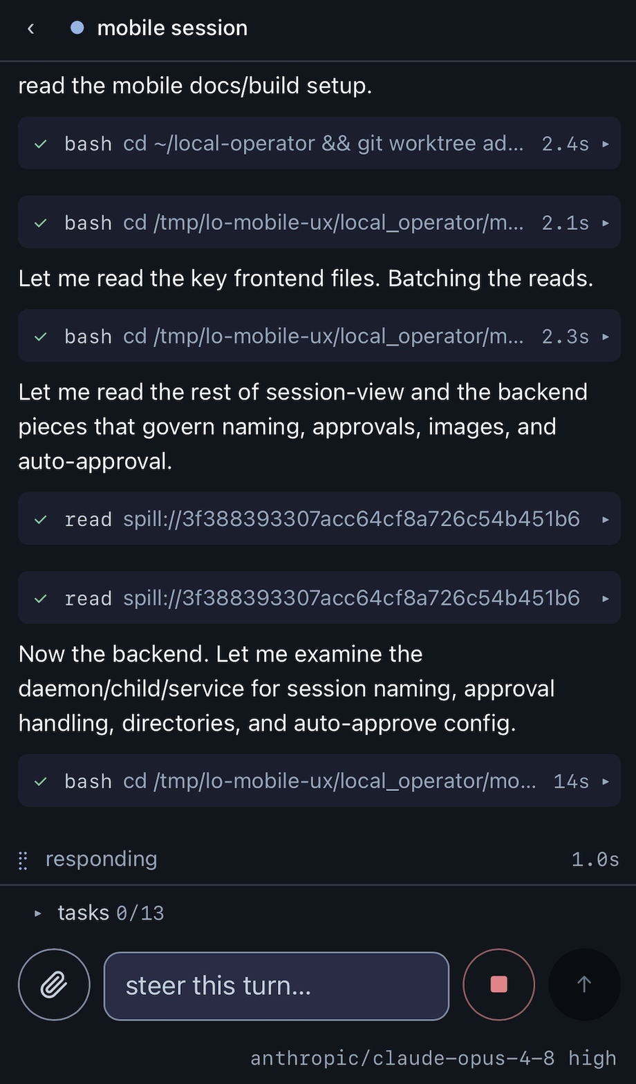 A session on a phone: streamed transcript with collapsed tool rows, the composer reading 'steer this turn', and a stop button.