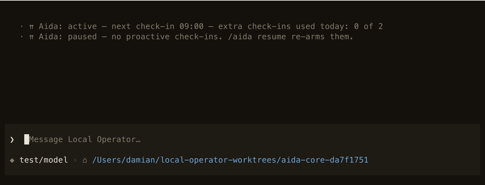The /aida pause receipt: Aida: paused — no proactive check-ins. /aida resume re-arms them.