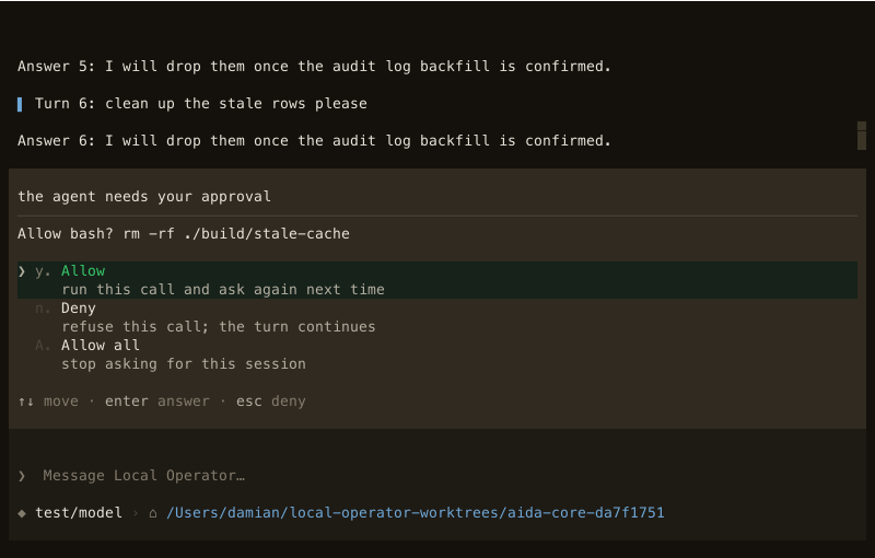 An approval prompt showing the exact command about to run, with Allow, Deny and Allow all options