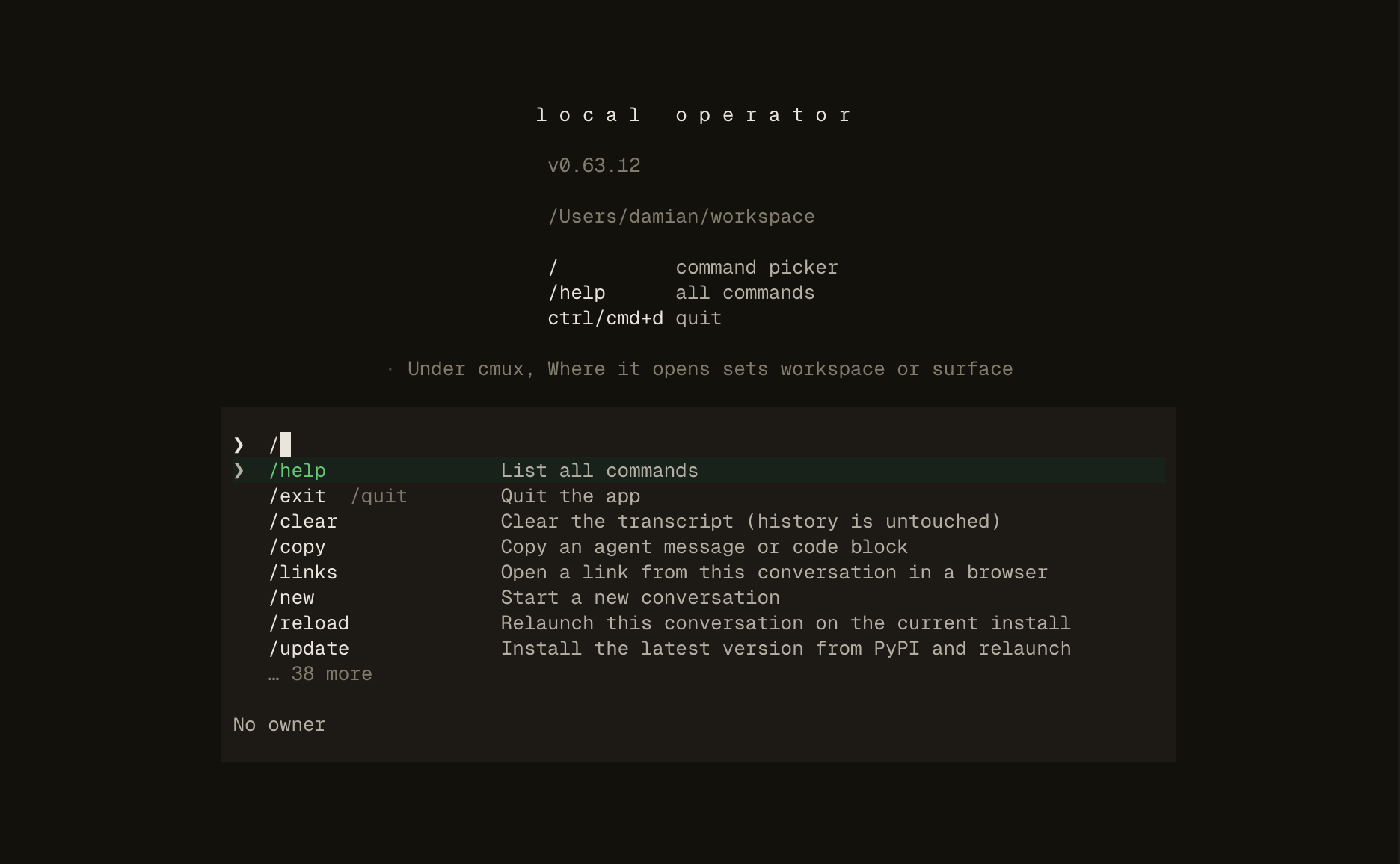 The slash-command picker open in the composer, filtering a list of commands