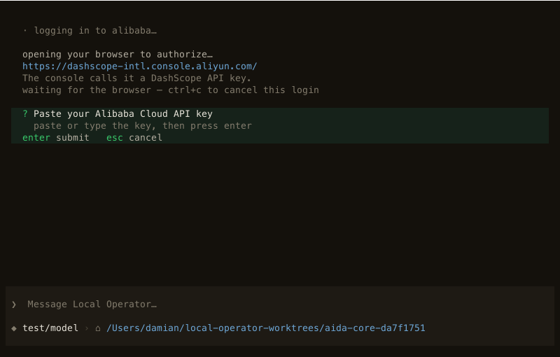 A provider login in progress in the TUI — the browser opens for OAuth, or a key is pasted into a masked prompt