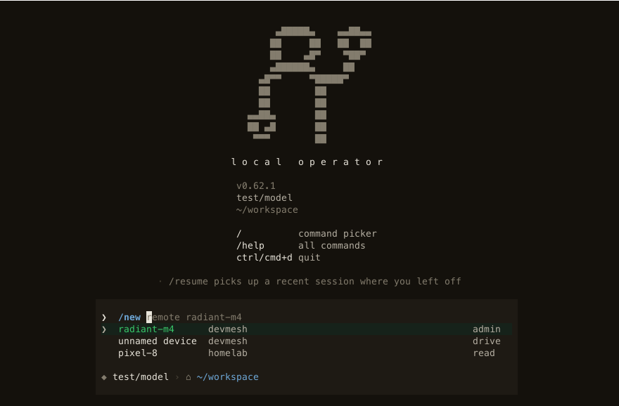 The /new remote picker listing paired devices with their network and role.
