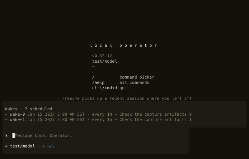 The wake panel above the TUI composer: two scheduled wakes with their next time, recurrence and message.