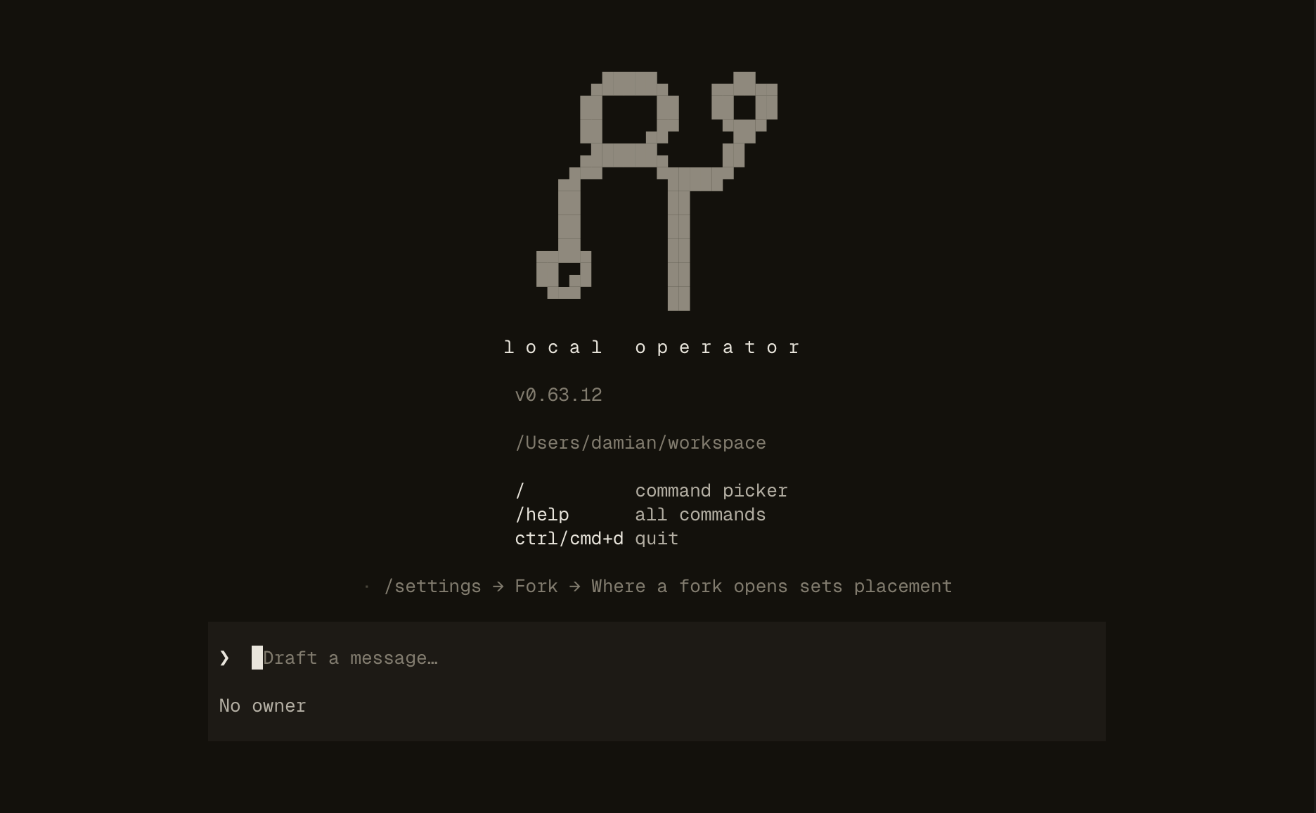 The welcome screen: brand mark, version, working directory, the command-picker hint, and a composer waiting for a first prompt.