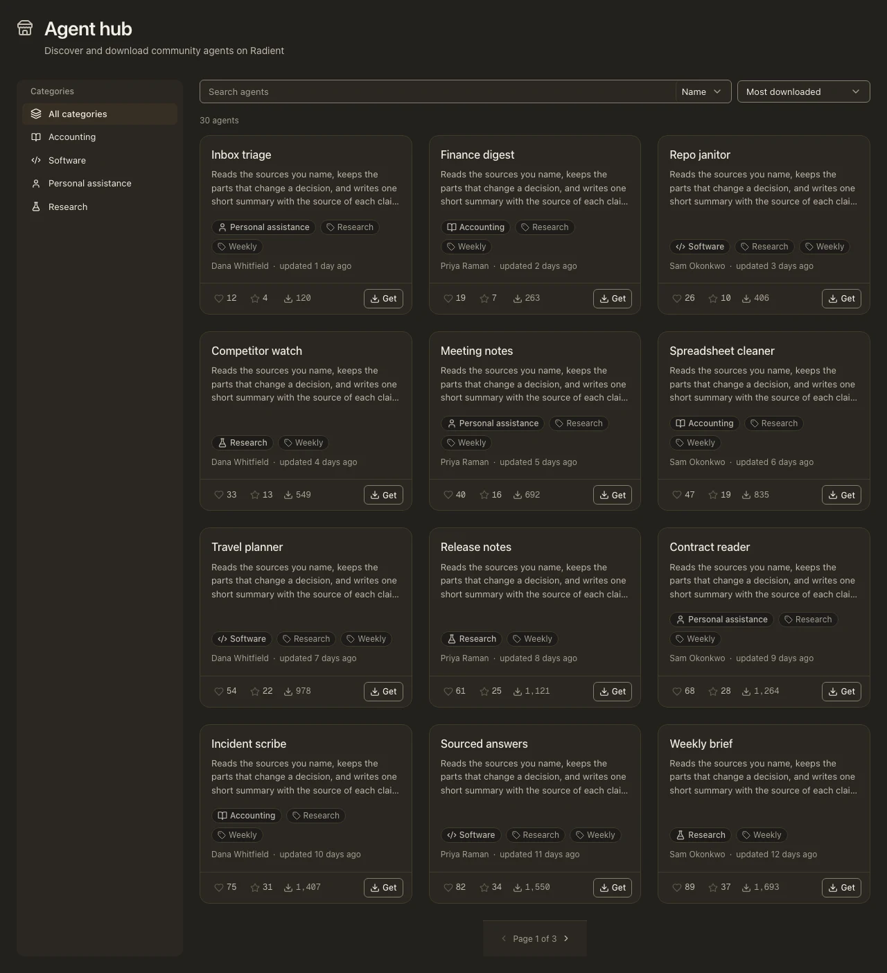 The Agent hub page in the dark theme: categories on the left and a grid of community agent cards with Get buttons.