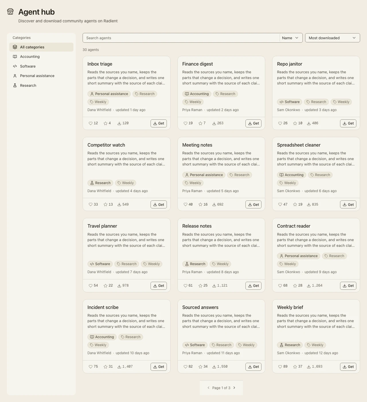 The Agent hub page in the light theme: category rail on the left, agent cards with descriptions, tags, likes and Get buttons.