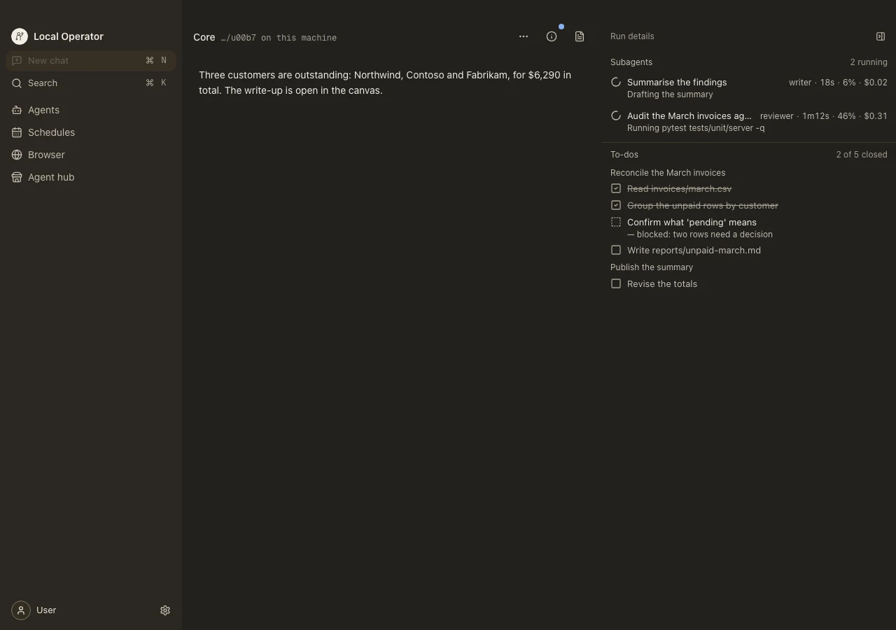 The desktop app with a chat beside the run details pane, which lists two running subagents and the session's to-dos.