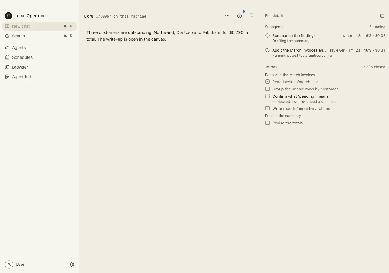 The desktop app with a chat beside the run details pane, which lists two running subagents and the session's to-dos.