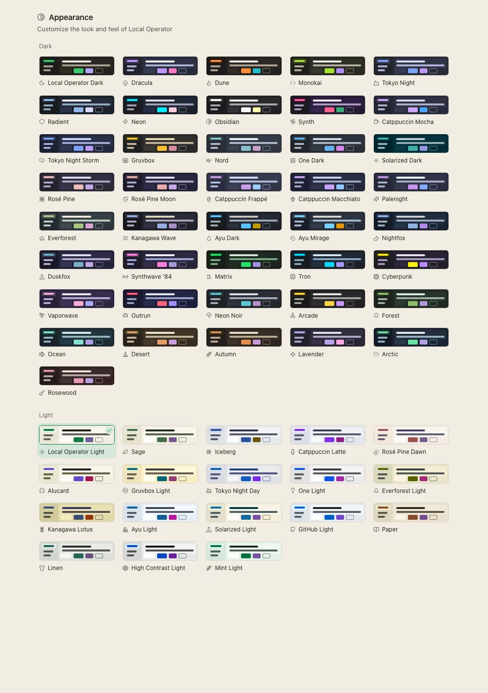 The appearance settings page showing themes as swatches in dark and light groups.