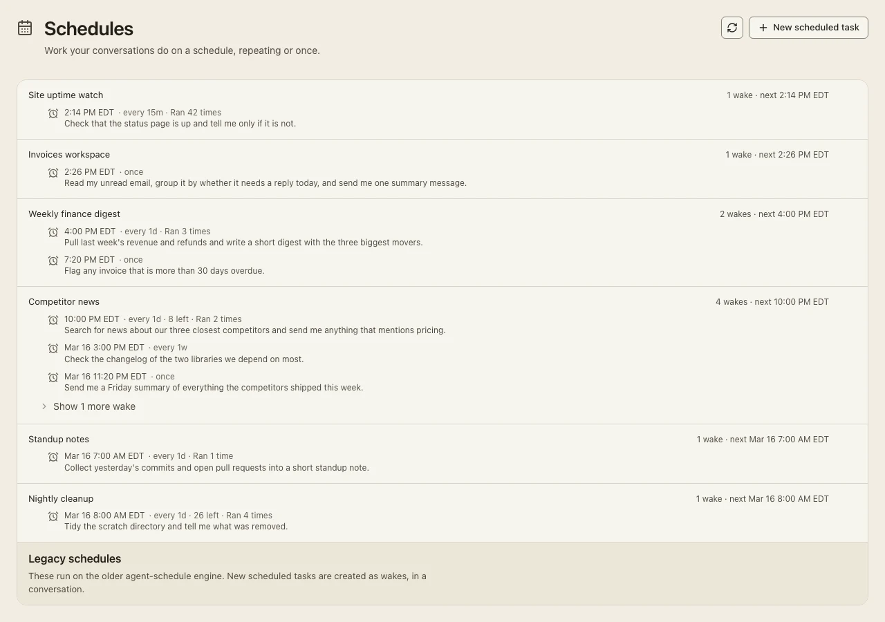 The schedules page listing scheduled tasks, each with its next run time, cadence and run count.
